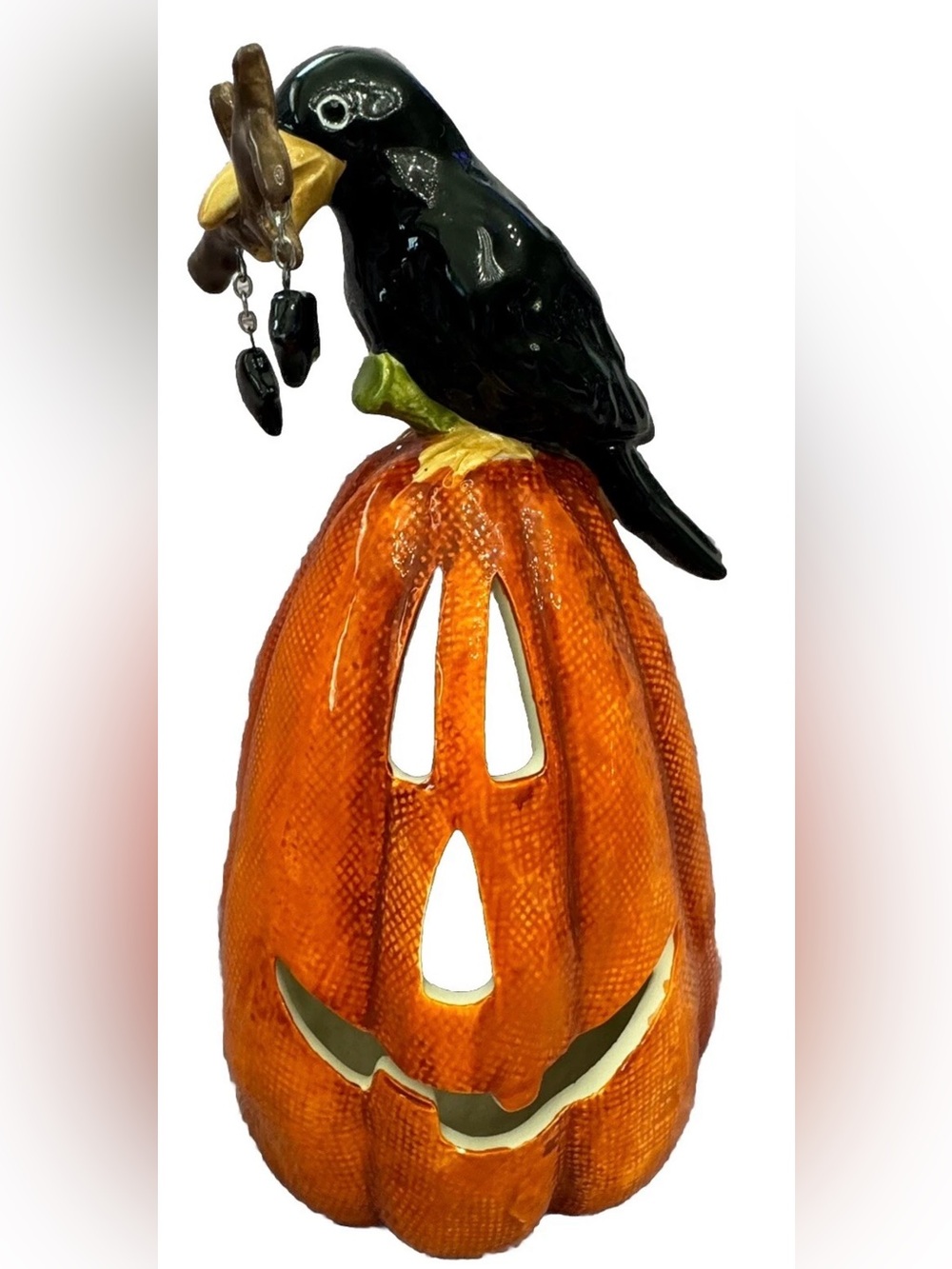 BlUE SKY CLAYWORKS HALLOWEEN BLACK CROW ON PUMPKIN W/STARS CANDLE HOLDER NEW